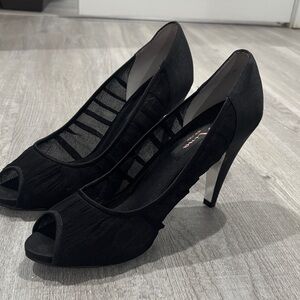 Nina Black Mesh Peep-Toe Heels, size 10M